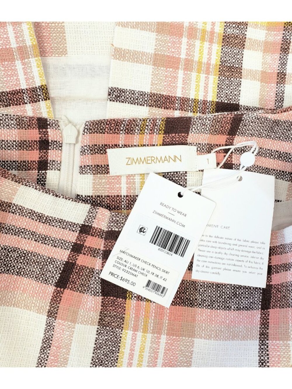 Zimmermann Matchmaker Womens Check Linen Cotton Pencil Skirt Cream Size 1 / US 6 - Picture 6 of 7